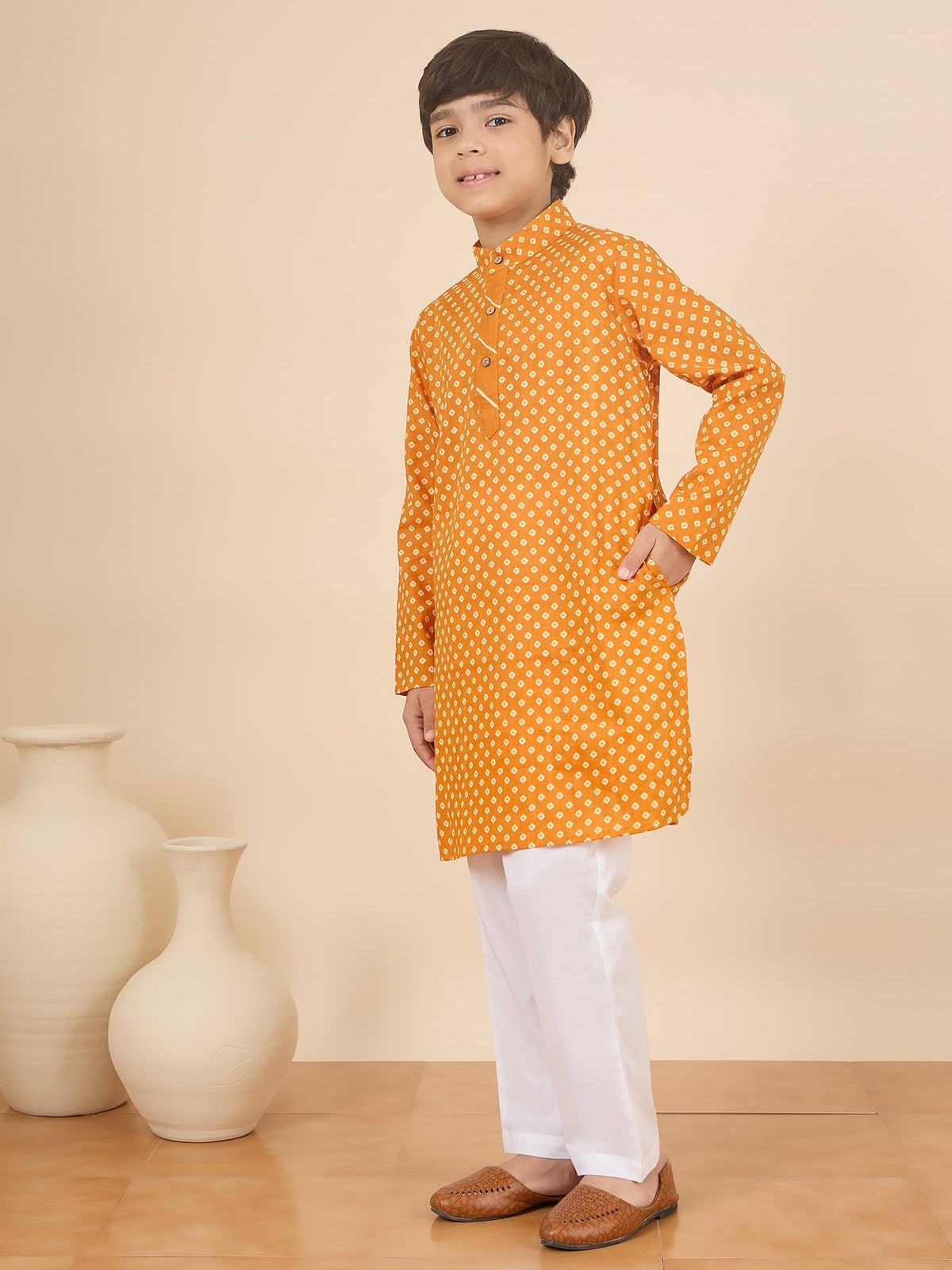 Boys Full Length All over Print Kurta Set - Yellow