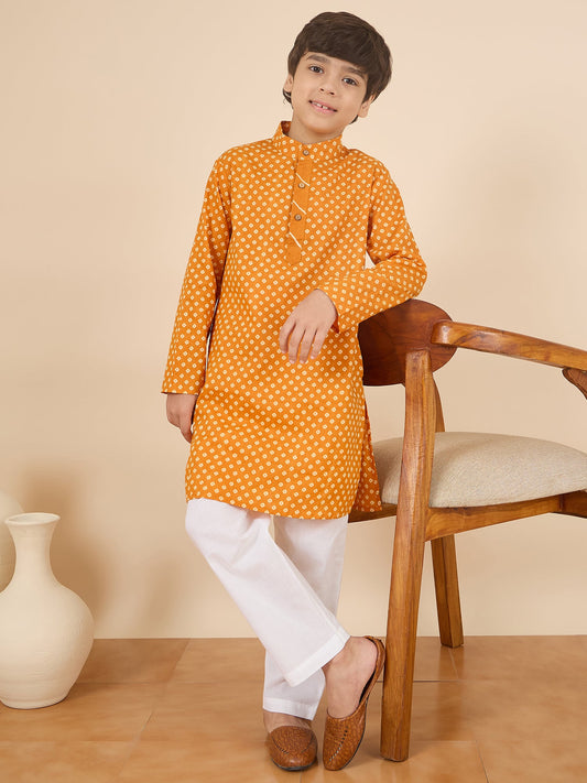 Boys Full Length All over Print Kurta Set - Yellow