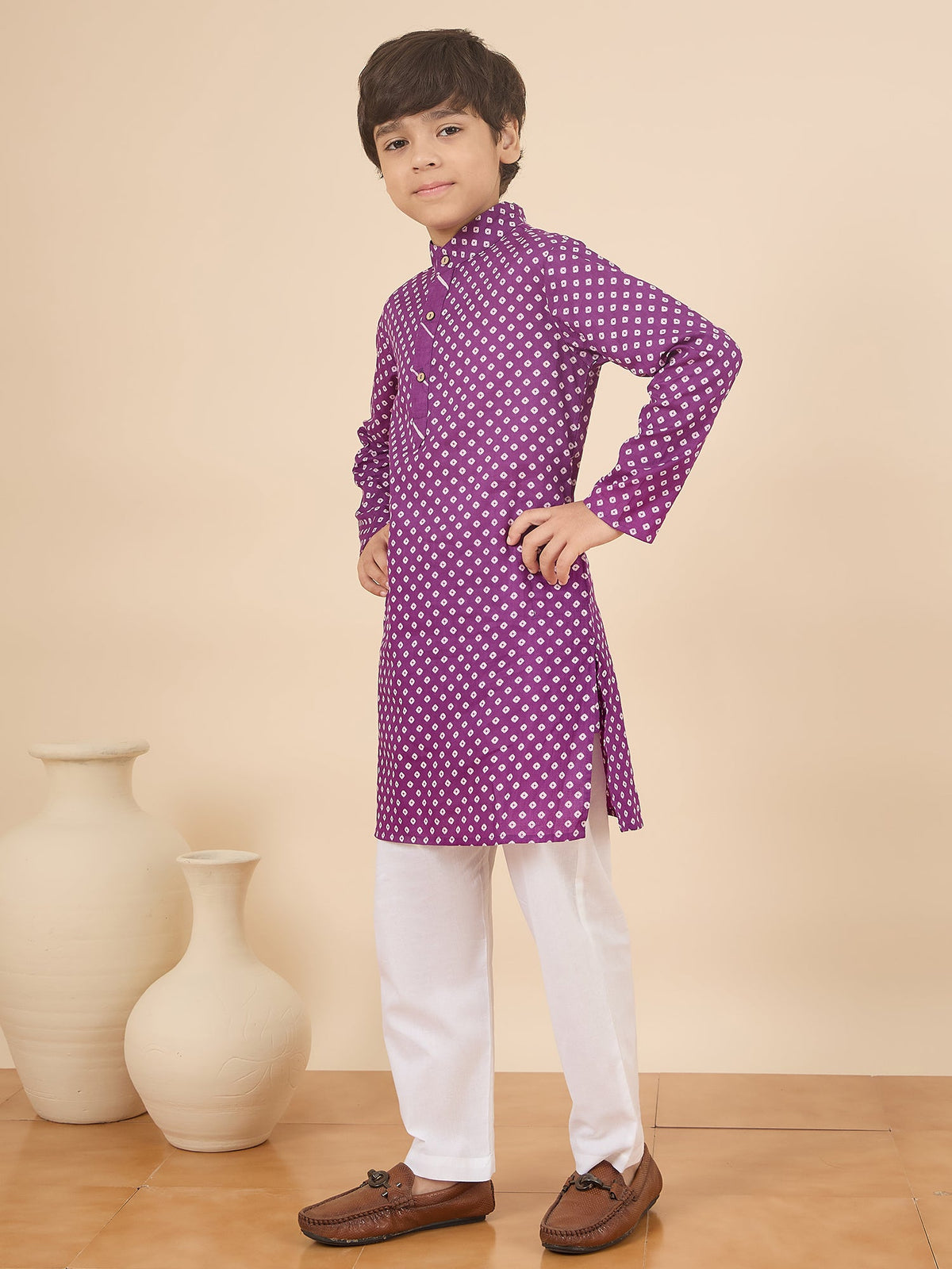Boys Full Length All over Print Kurta Set - Purple
