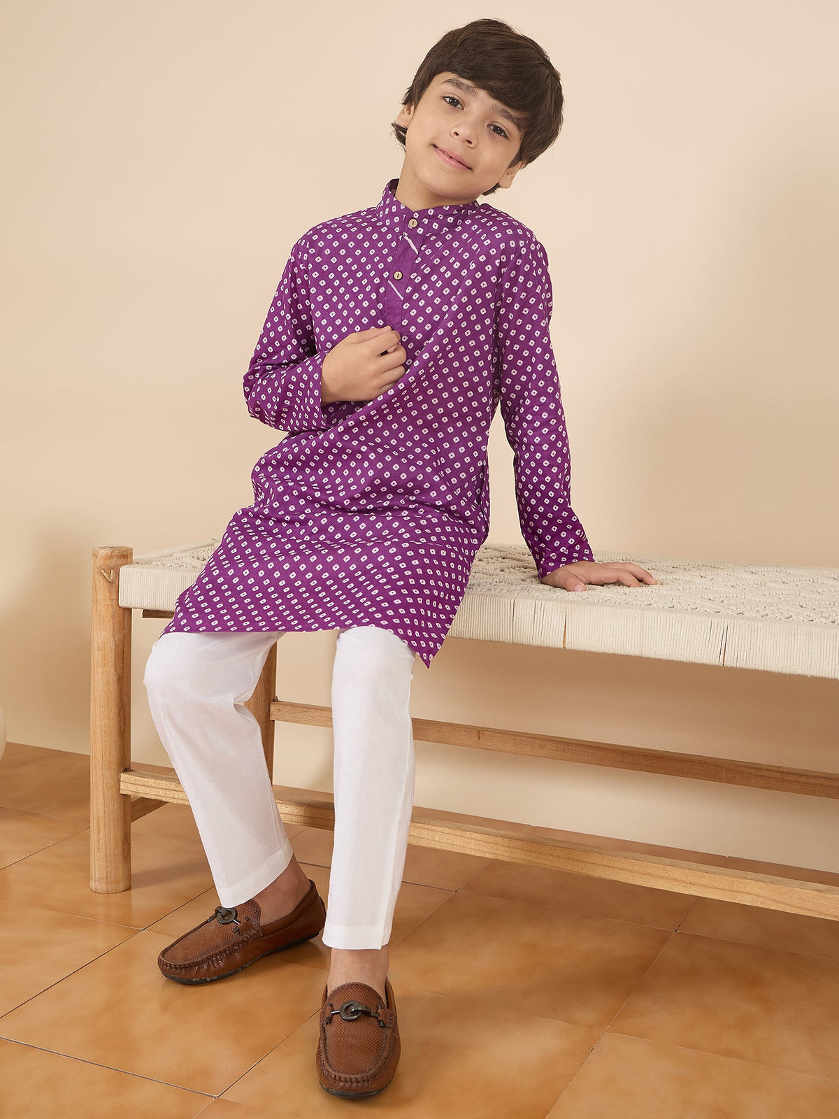 Boys Full Length All over Print Kurta Set - Purple