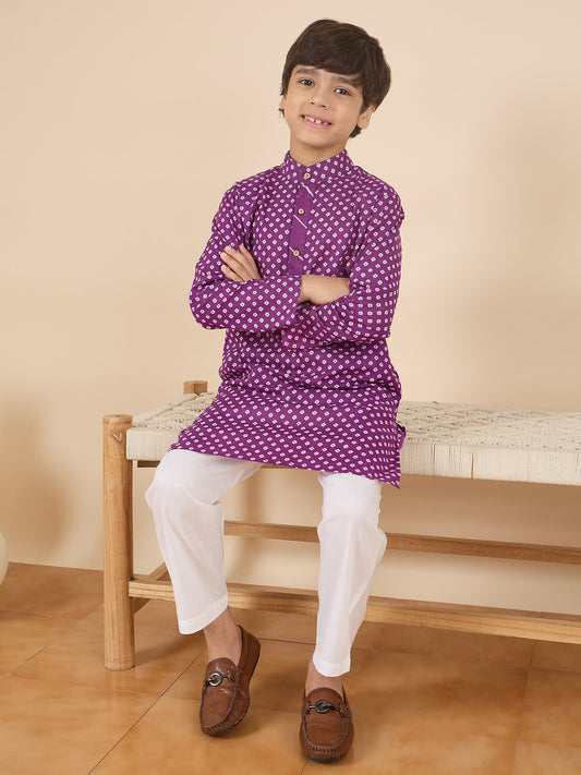 Boys Full Length All over Print Kurta Set - Purple