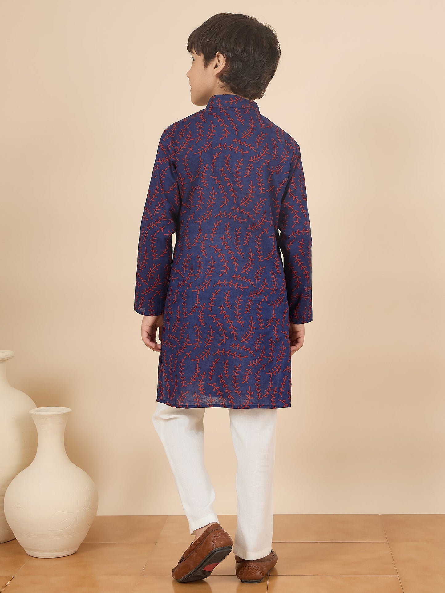Boys Full Length All over Print Kurta Set - Navy Blue