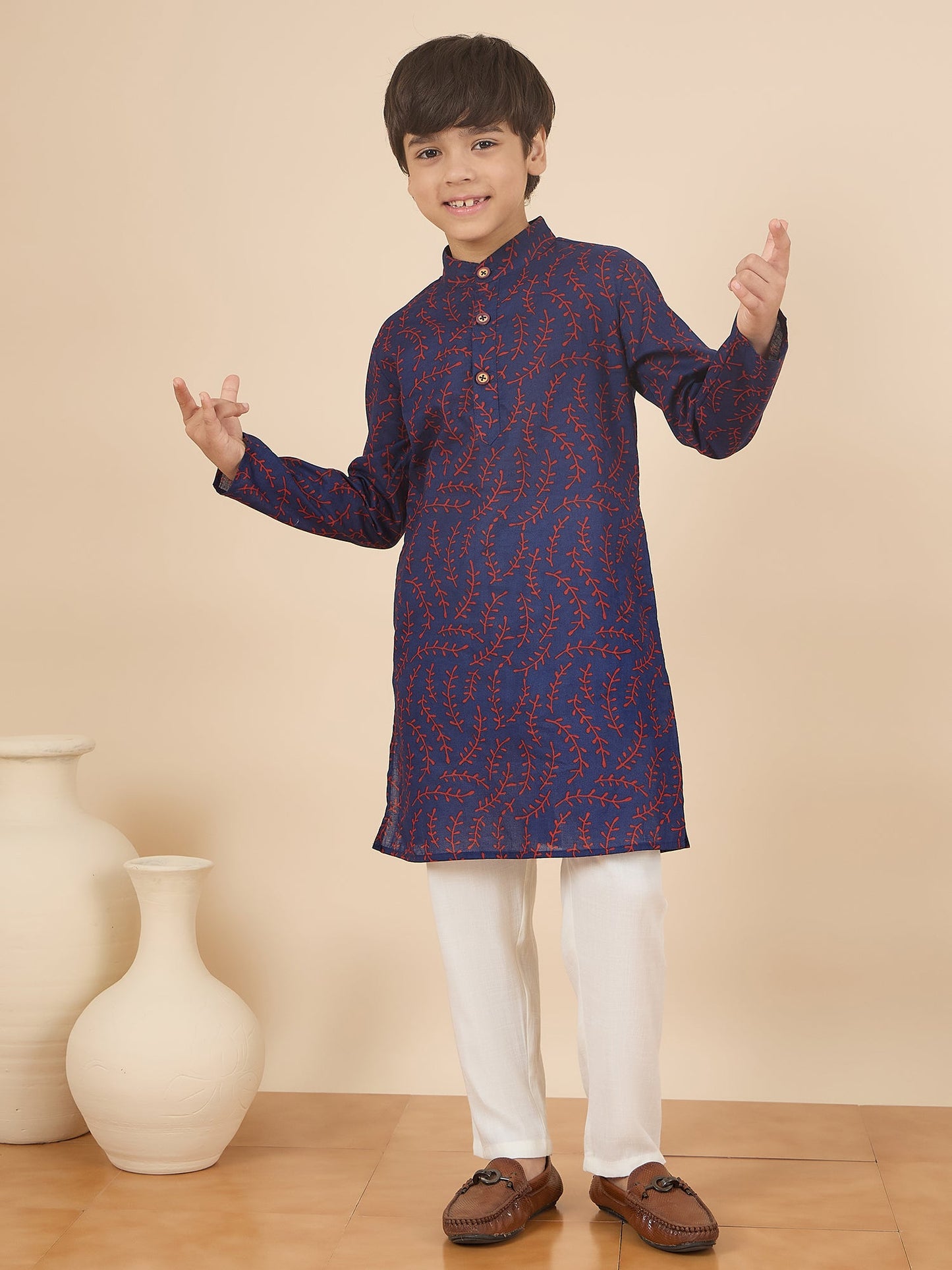 Boys Full Length All over Print Kurta Set - Navy Blue