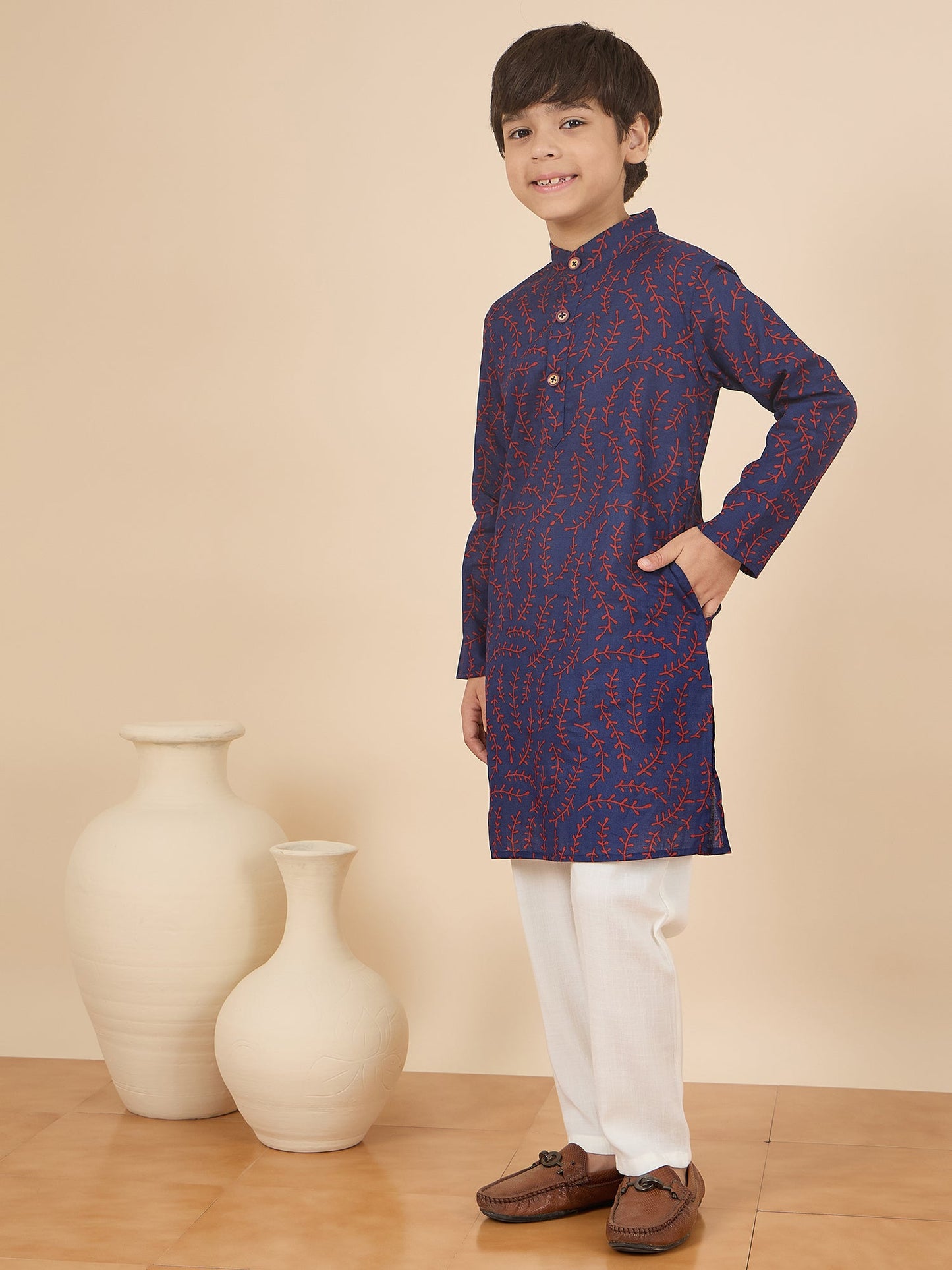 Boys Full Length All over Print Kurta Set - Navy Blue