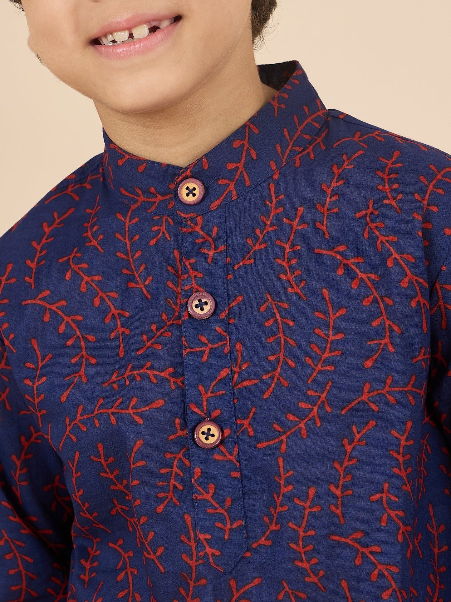 Boys Full Length All over Print Kurta Set - Navy Blue
