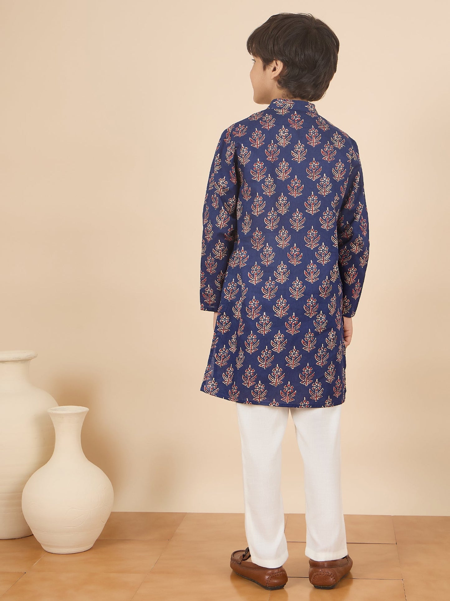 Boys Full Length All over Print Kurta Set - Navy Blue