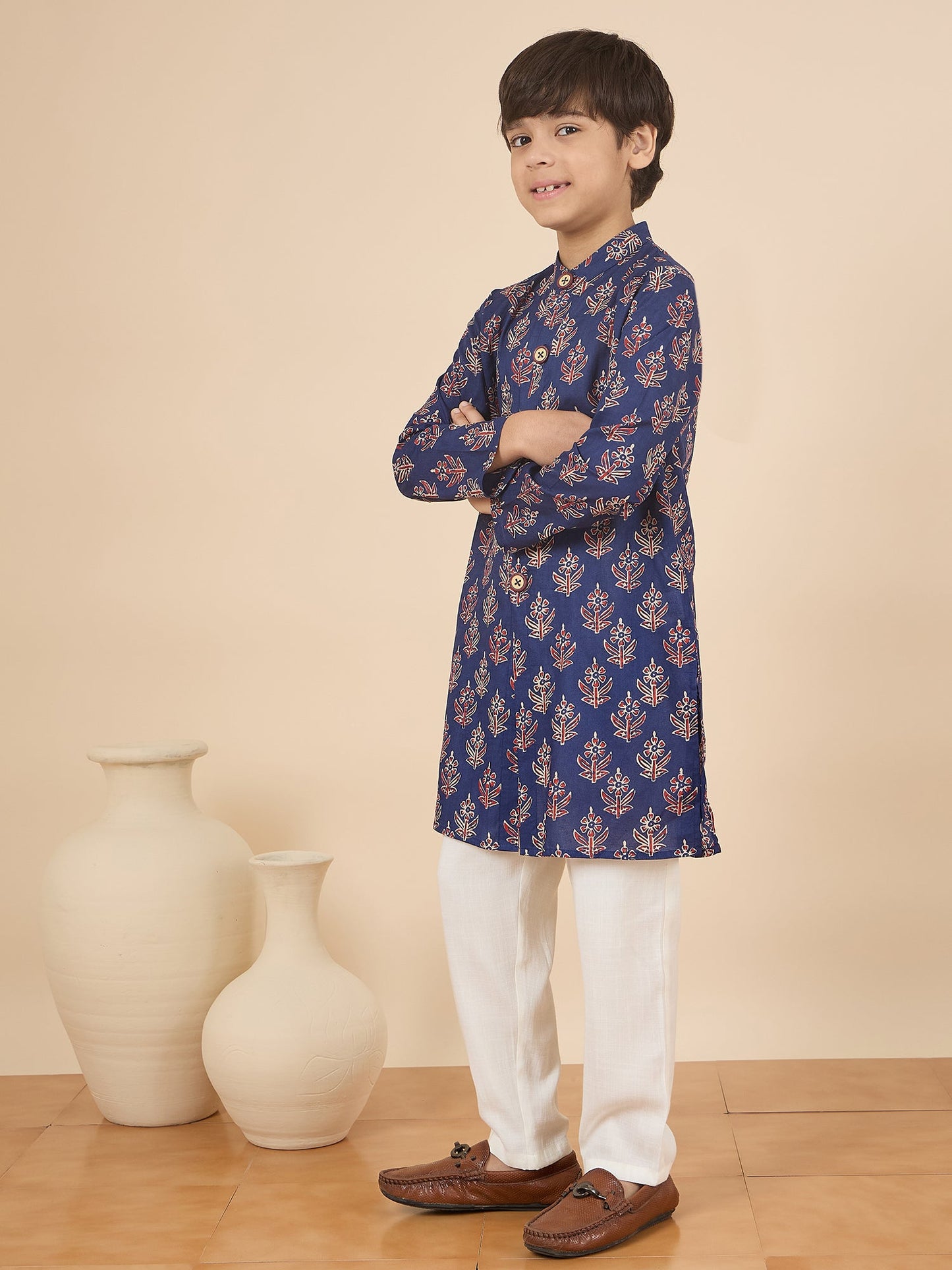 Boys Full Length All over Print Kurta Set - Navy Blue
