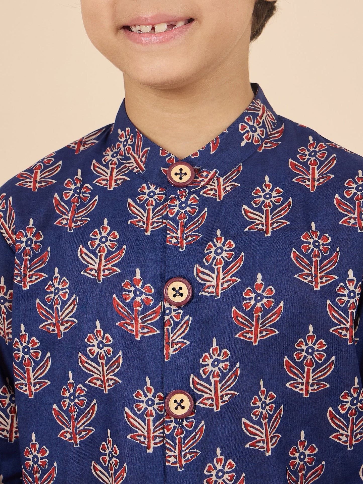 Boys Full Length All over Print Kurta Set - Navy Blue