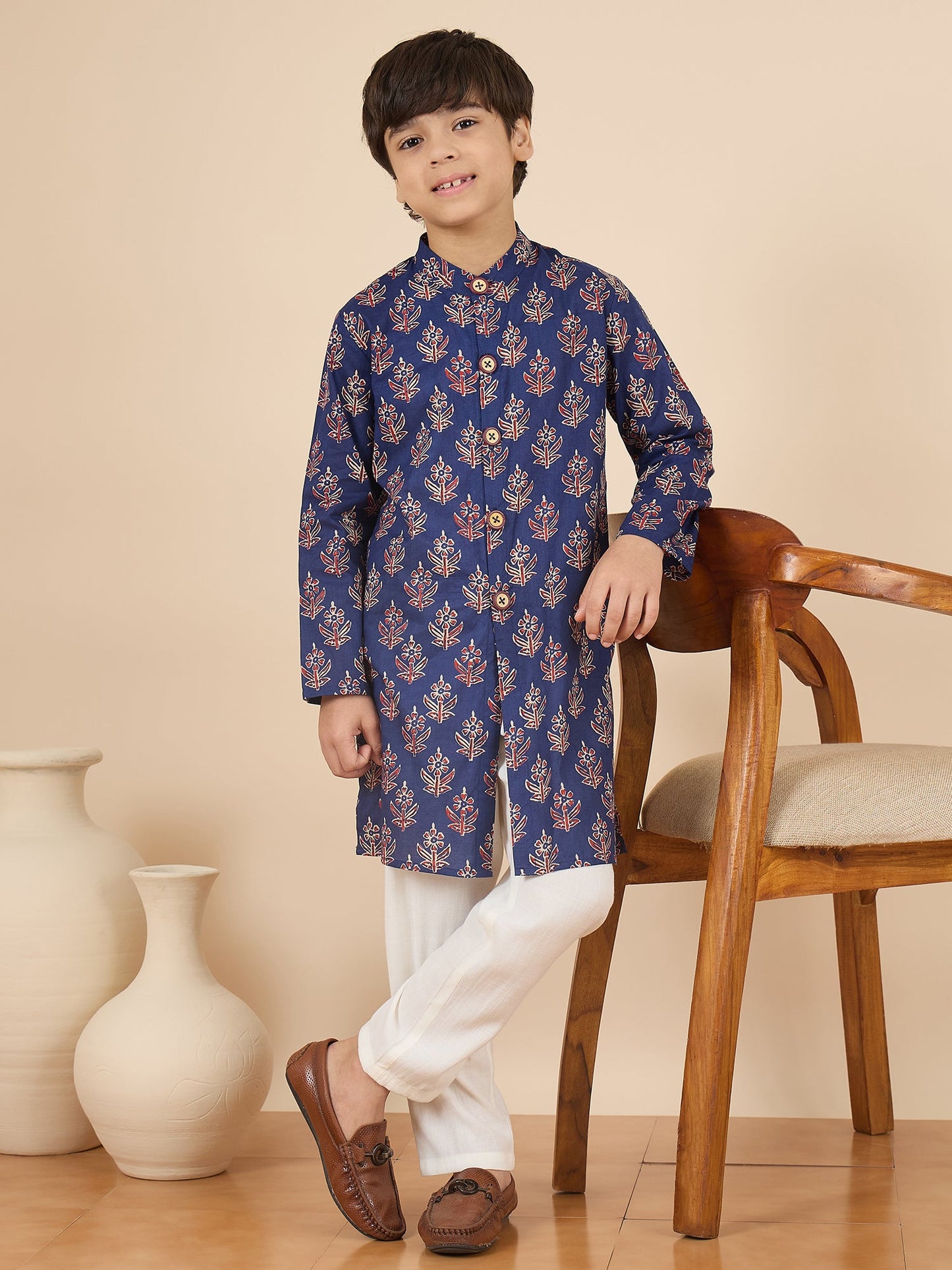 Boys Full Length All over Print Kurta Set - Navy Blue