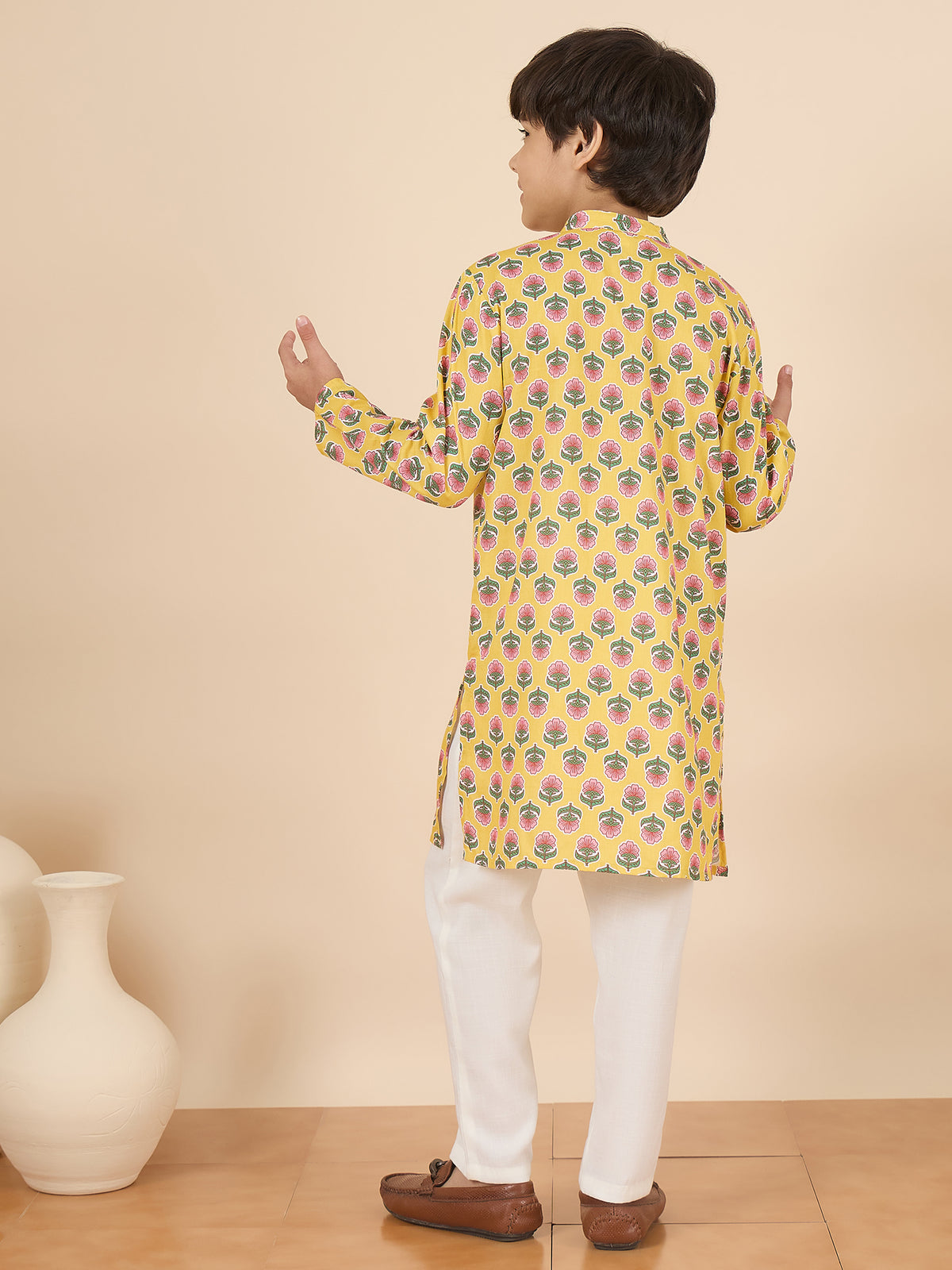 Boys Full Length All over Print Kurta Set - Yellow