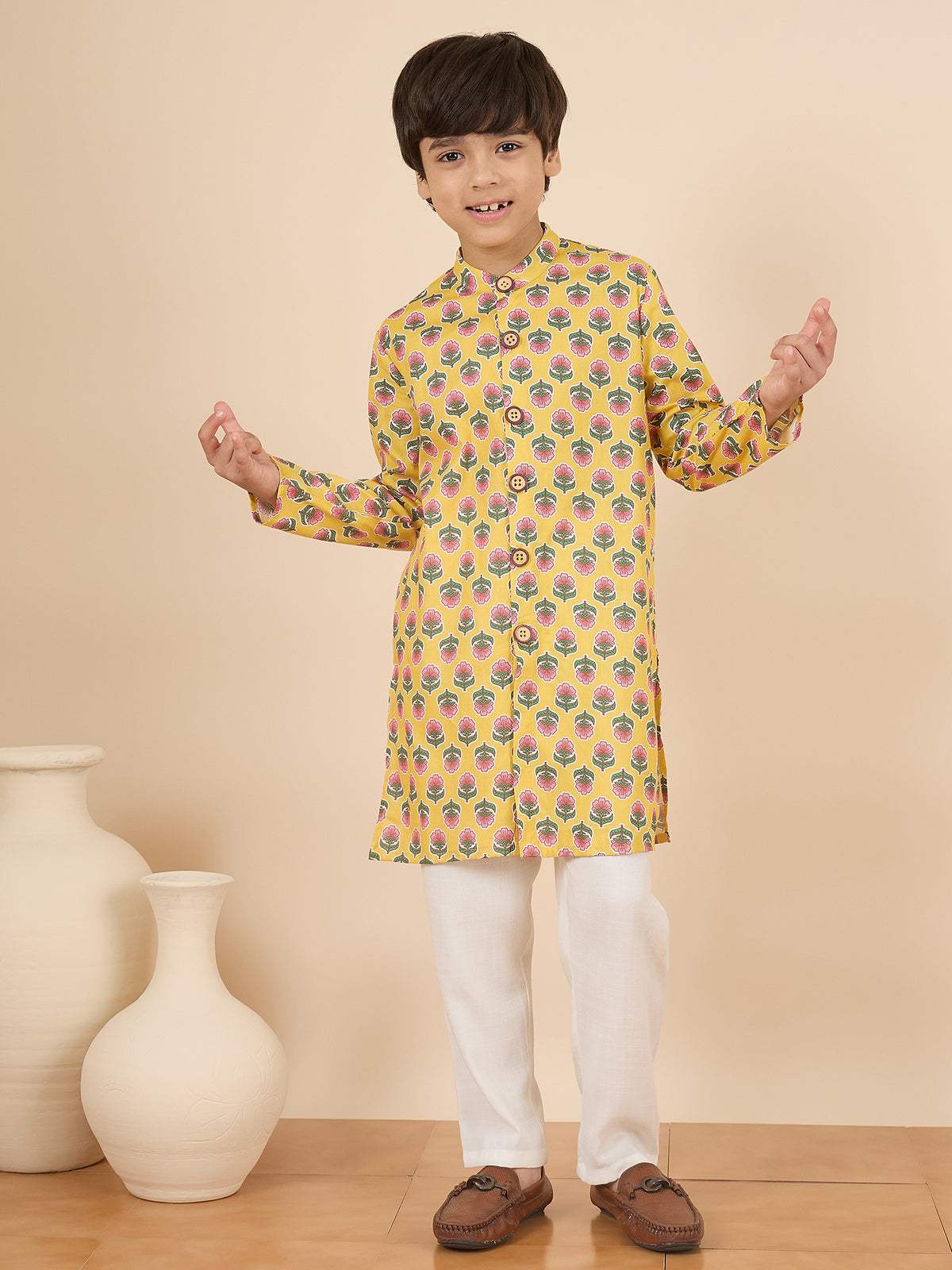 Boys Full Length All over Print Kurta Set - Yellow