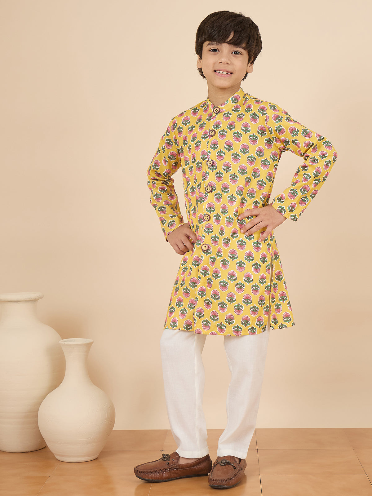 Boys Full Length All over Print Kurta Set - Yellow