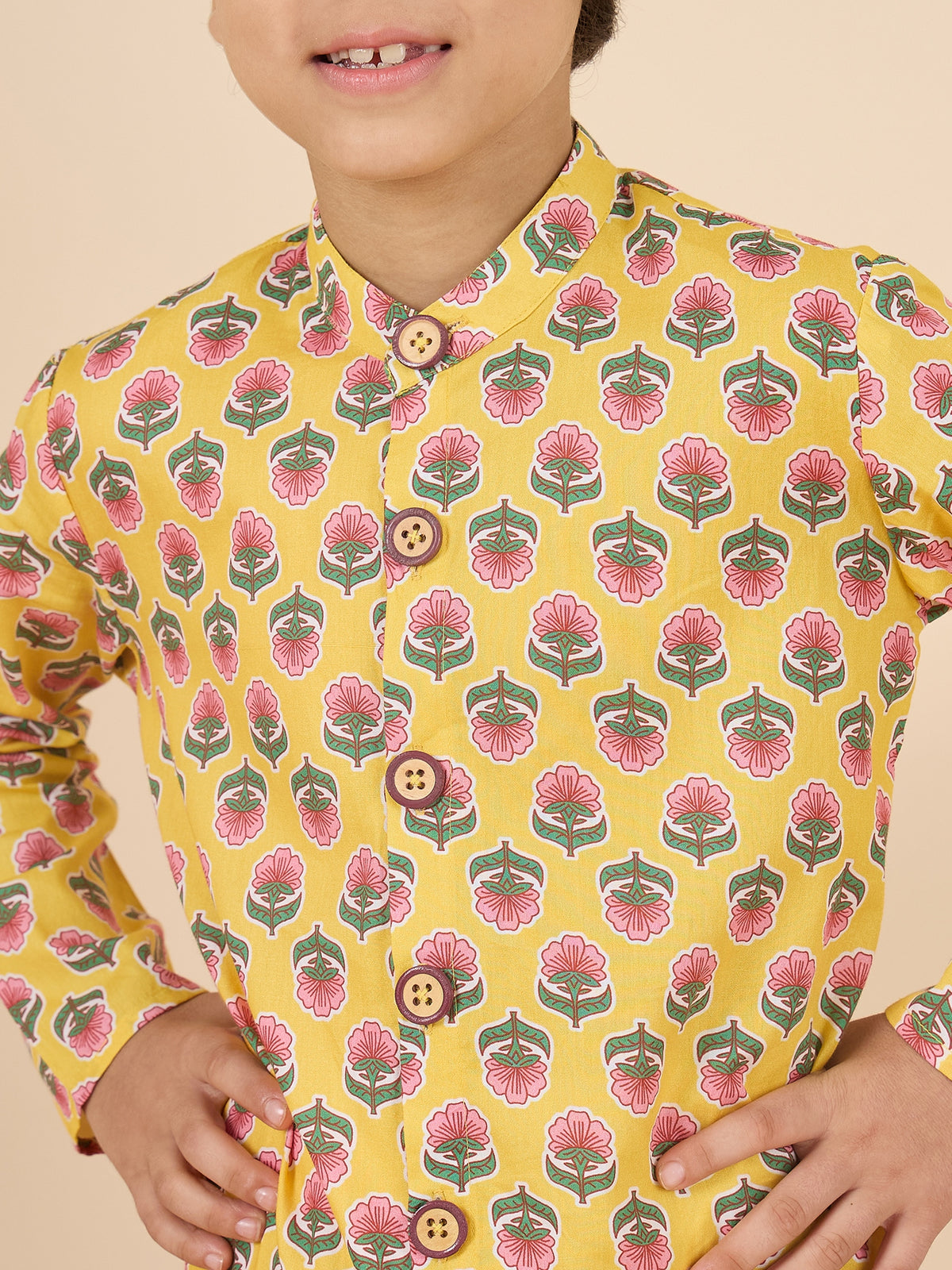 Boys Full Length All over Print Kurta Set - Yellow
