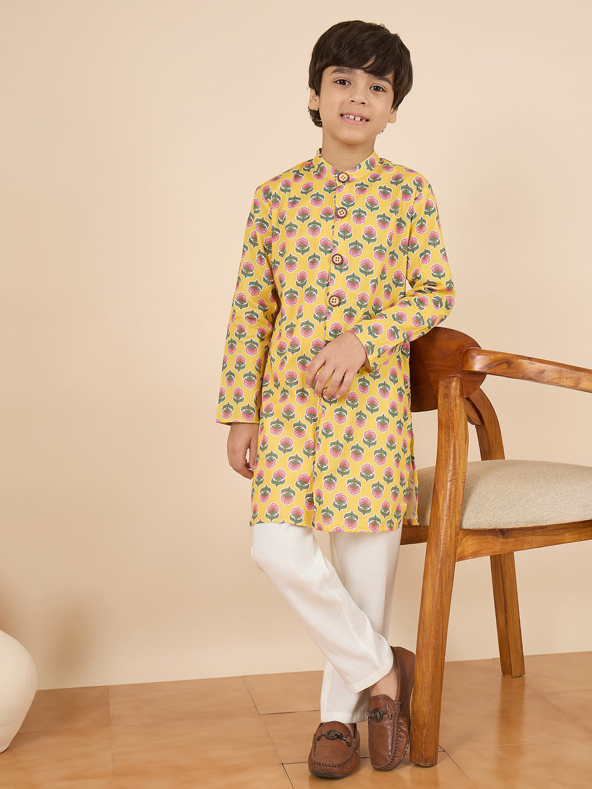 Boys Full Length All over Print Kurta Set - Yellow