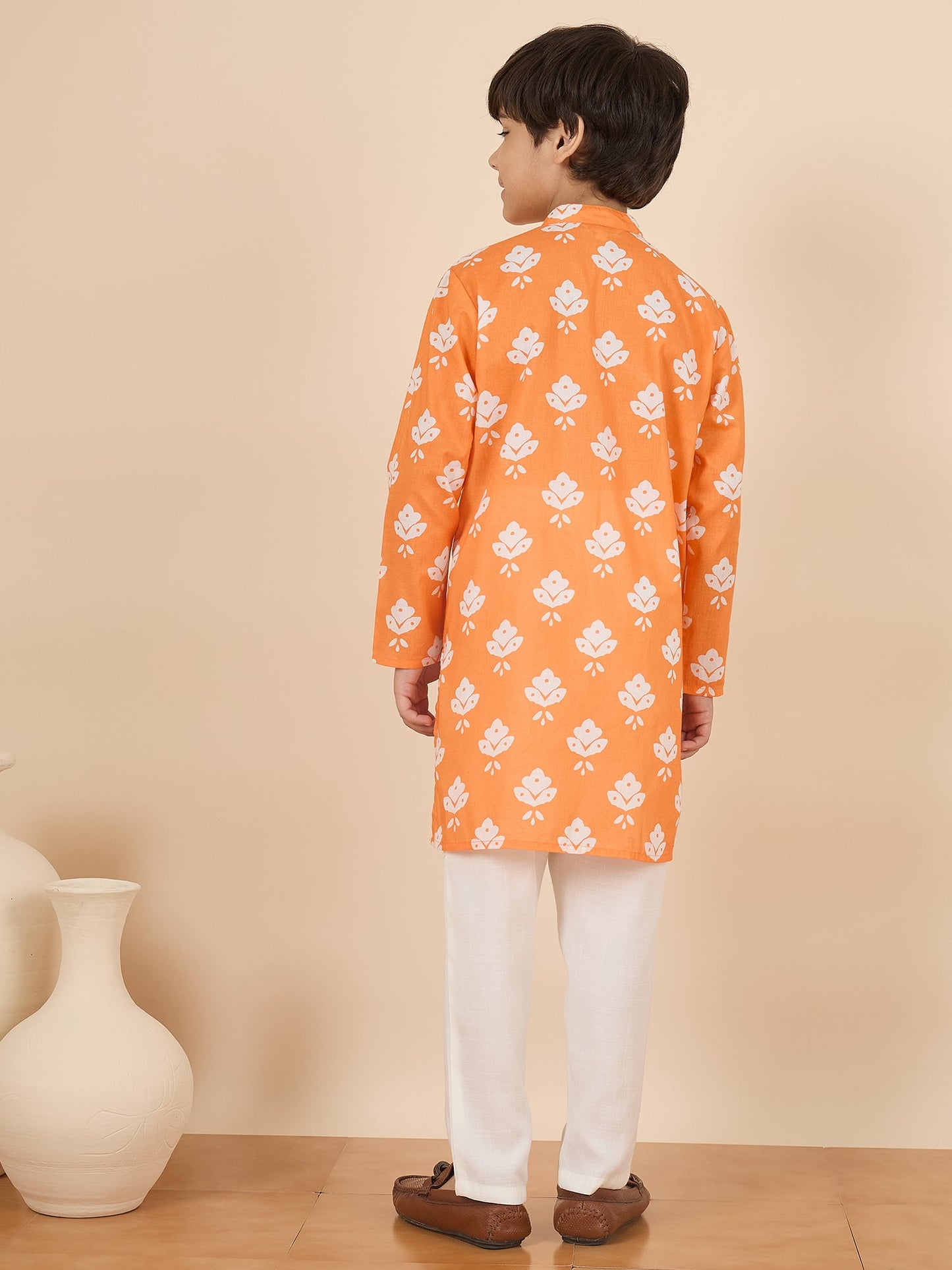 Boys Full Length All over Print Kurta Set - Orange