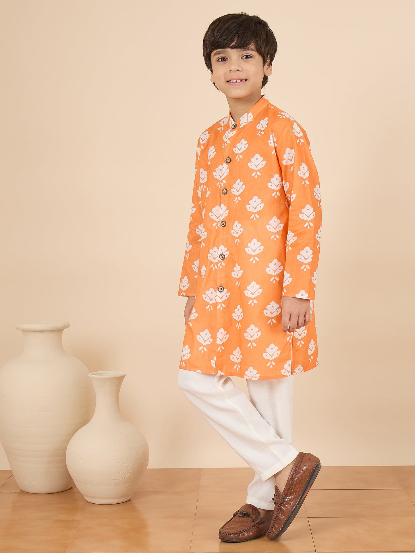 Boys Full Length All over Print Kurta Set - Orange