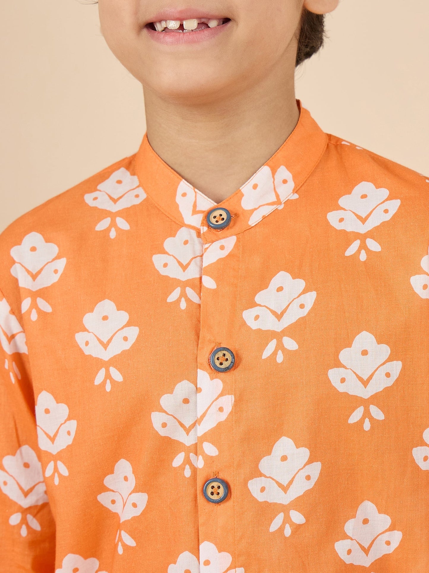 Boys Full Length All over Print Kurta Set - Orange