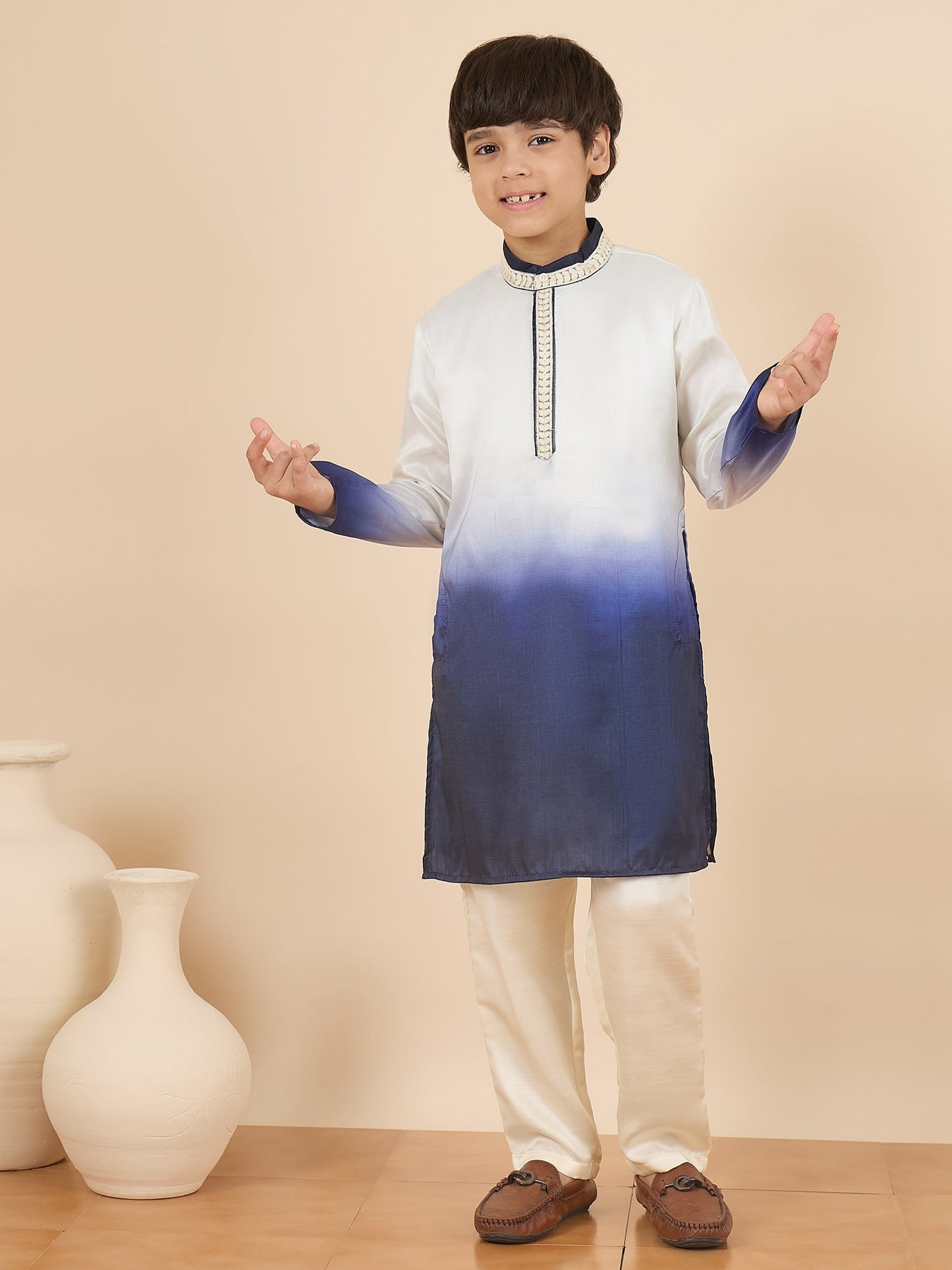Boys Full Length Solid Kurta Set - Off-White