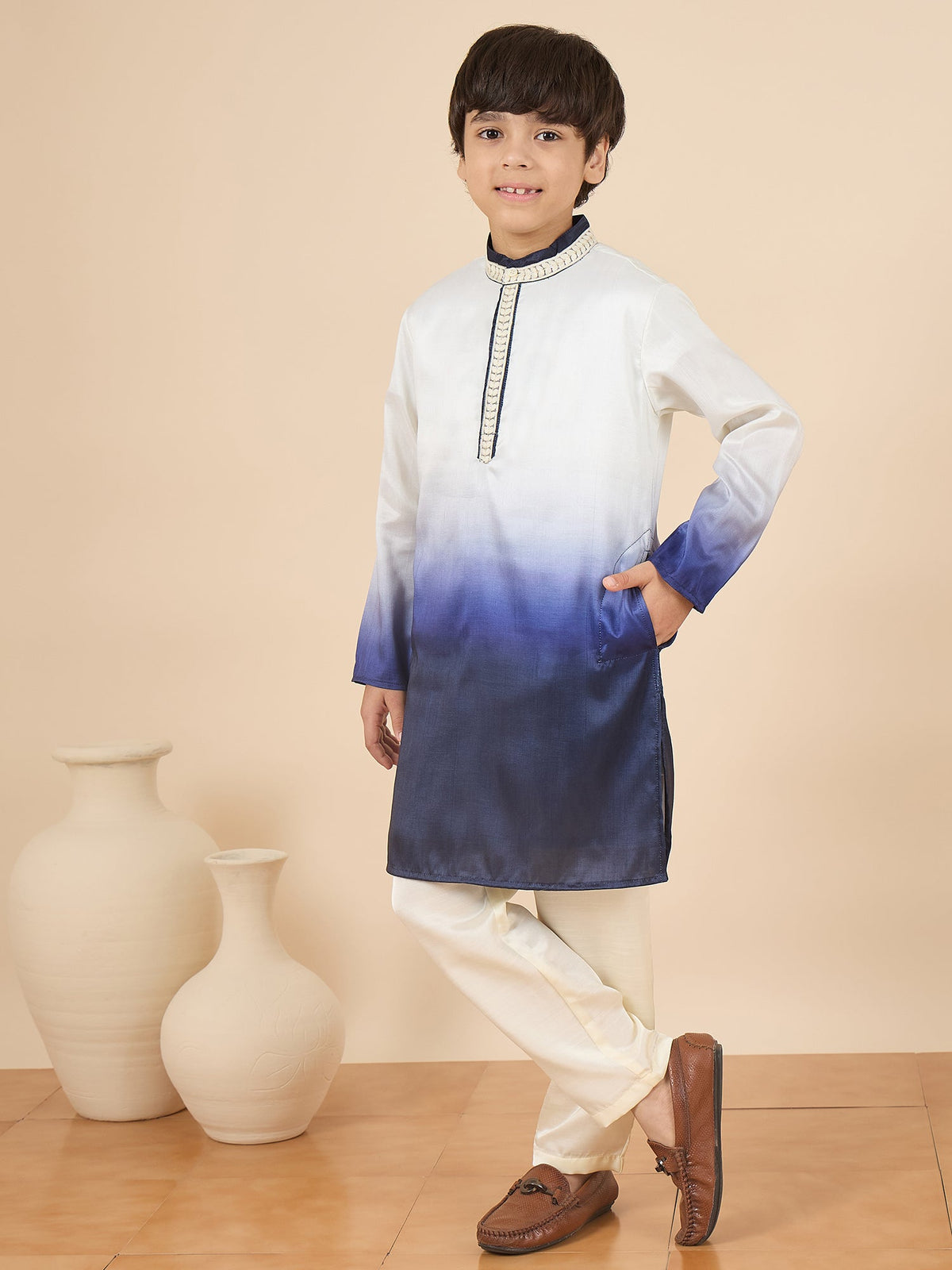Boys Full Length Solid Kurta Set - Off-White