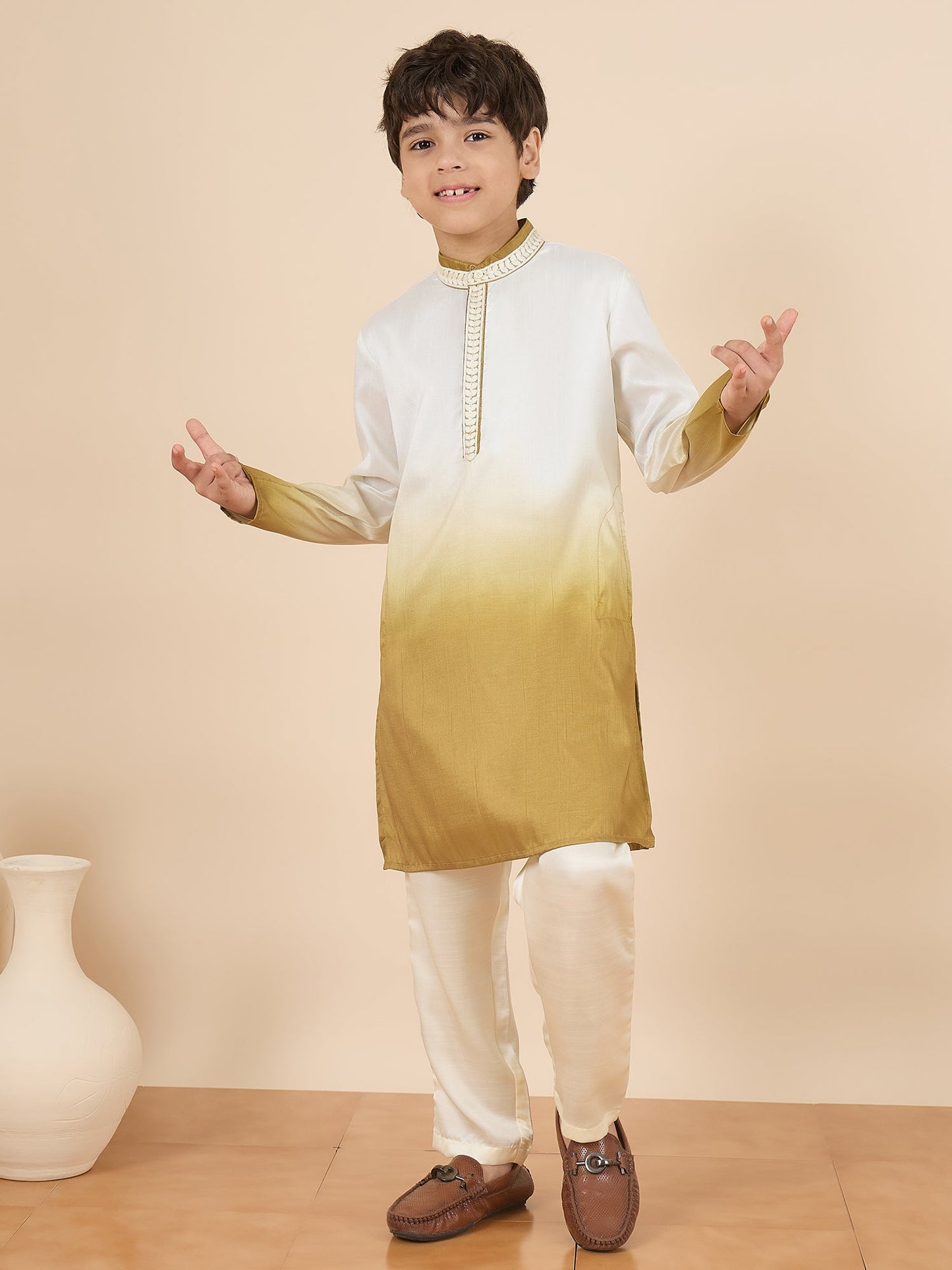 Boys Full Length Solid Kurta Set - Off-White