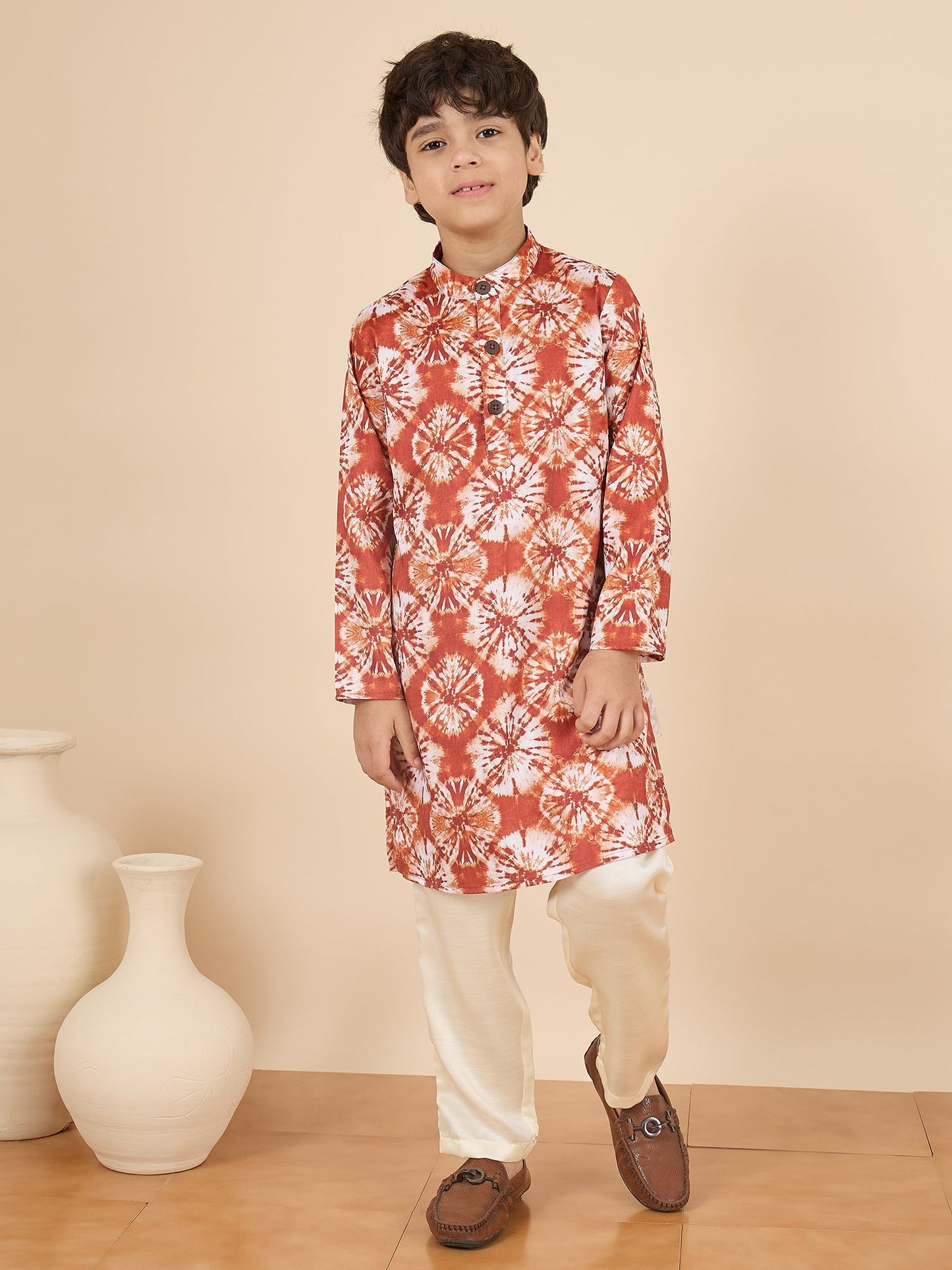 Boys Full Length All over Print Kurta Set - Brown