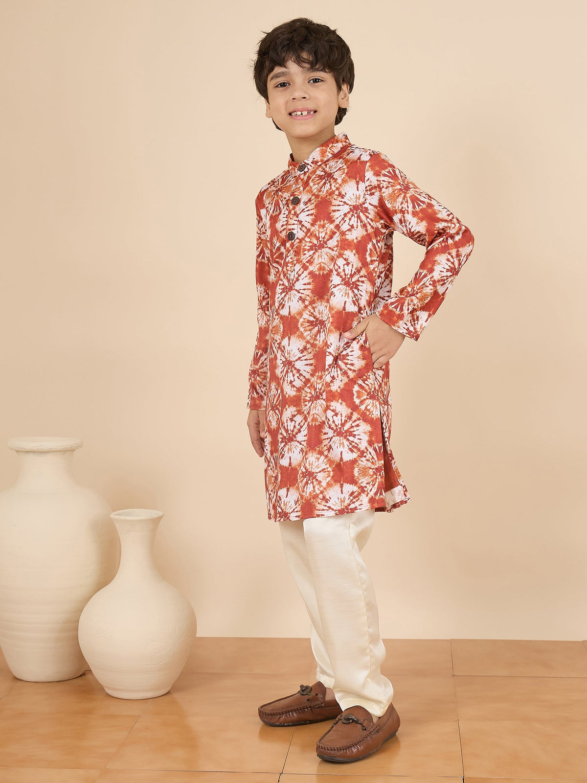 Boys Full Length All over Print Kurta Set - Brown