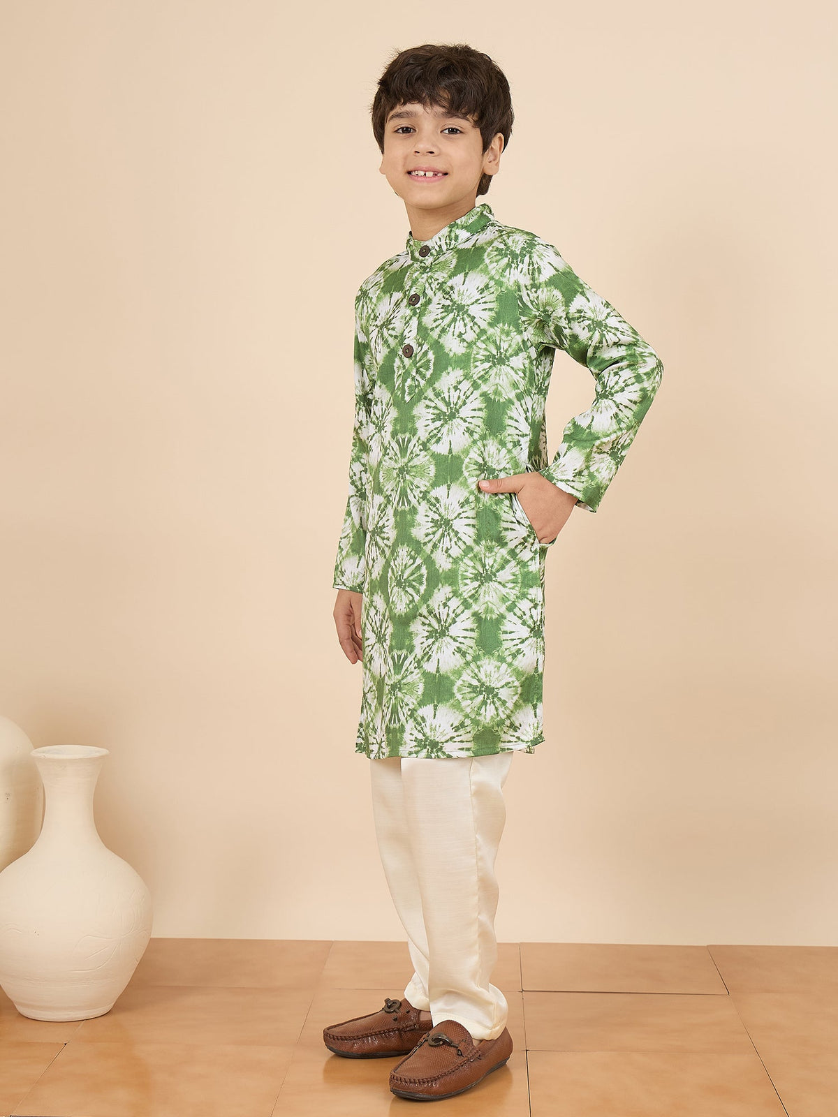 Boys Full Length All over Print Kurta Set - Green