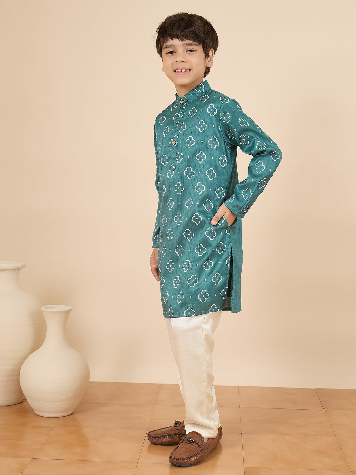 Boys Above Knee All over Print Kurta Set - Green