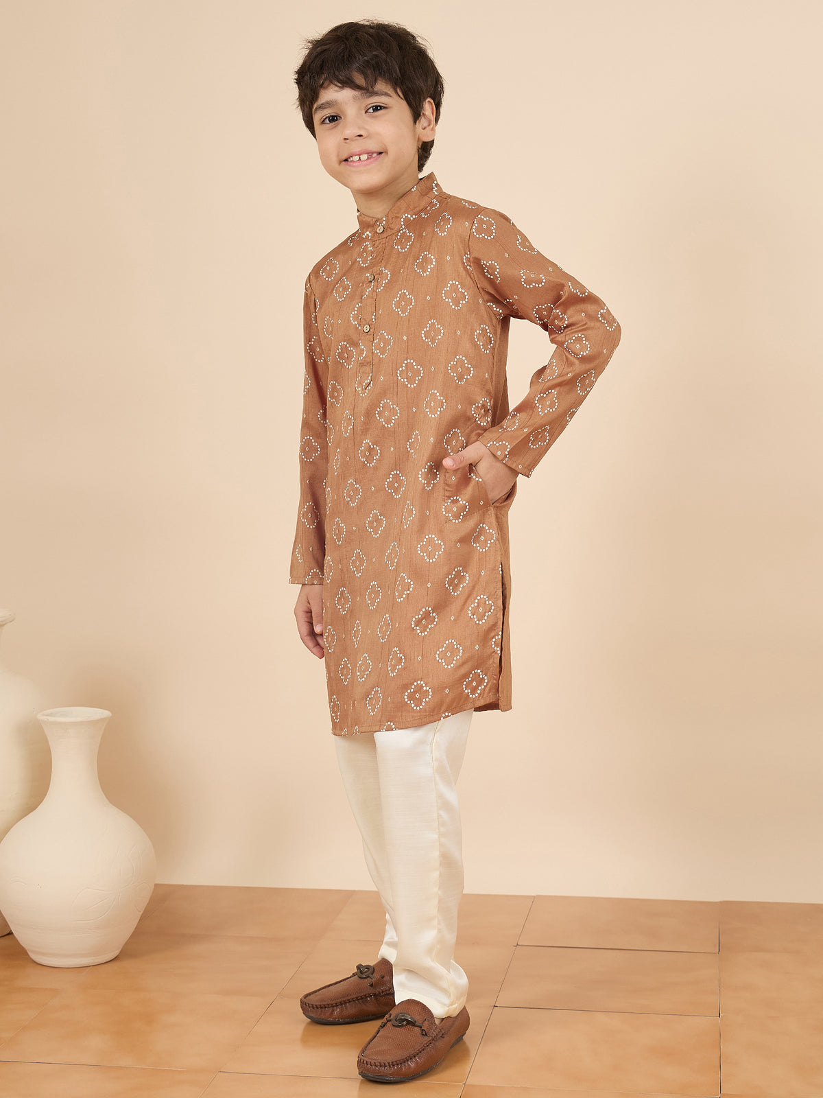 Boys Above Knee All over Print Kurta Set - Olive