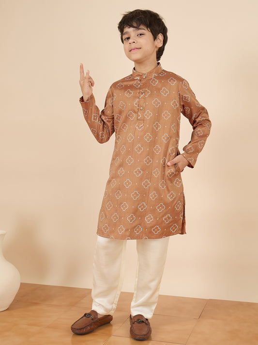 Boys Above Knee All over Print Kurta Set - Olive