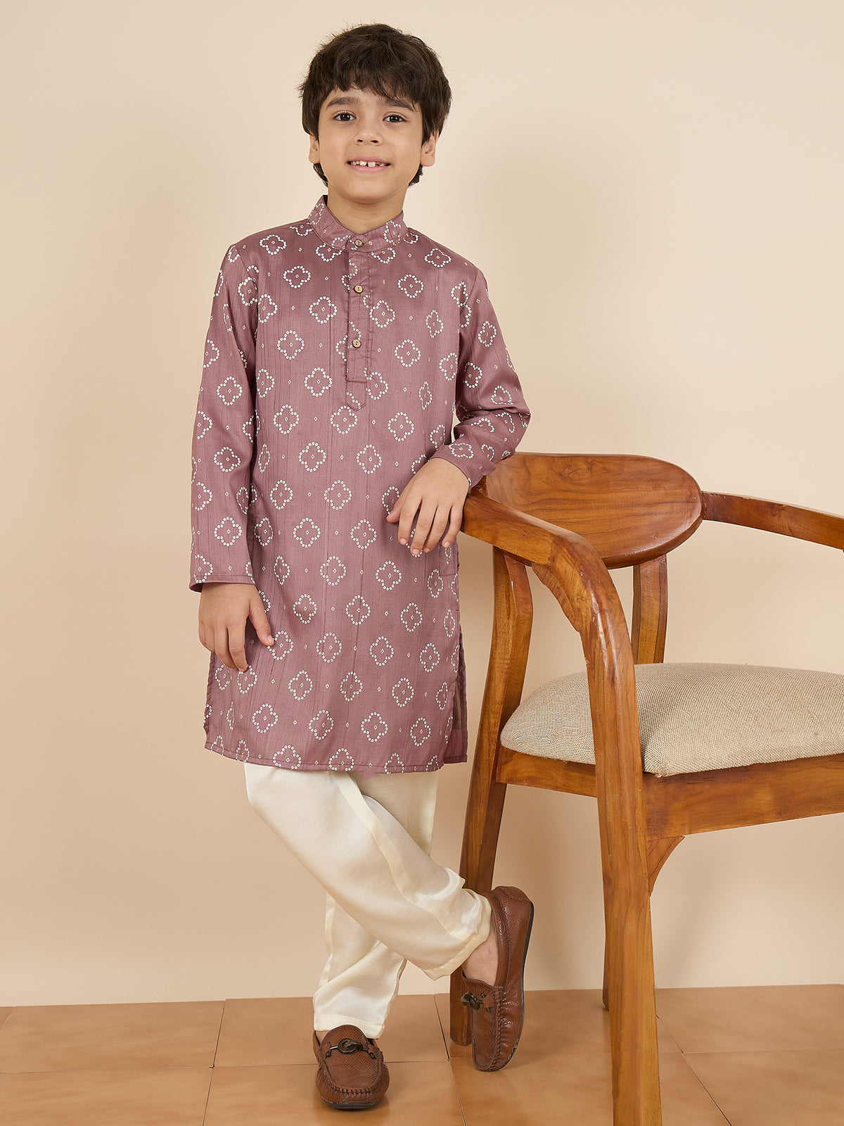 Boys Above Knee All over Print Kurta Set - Brown