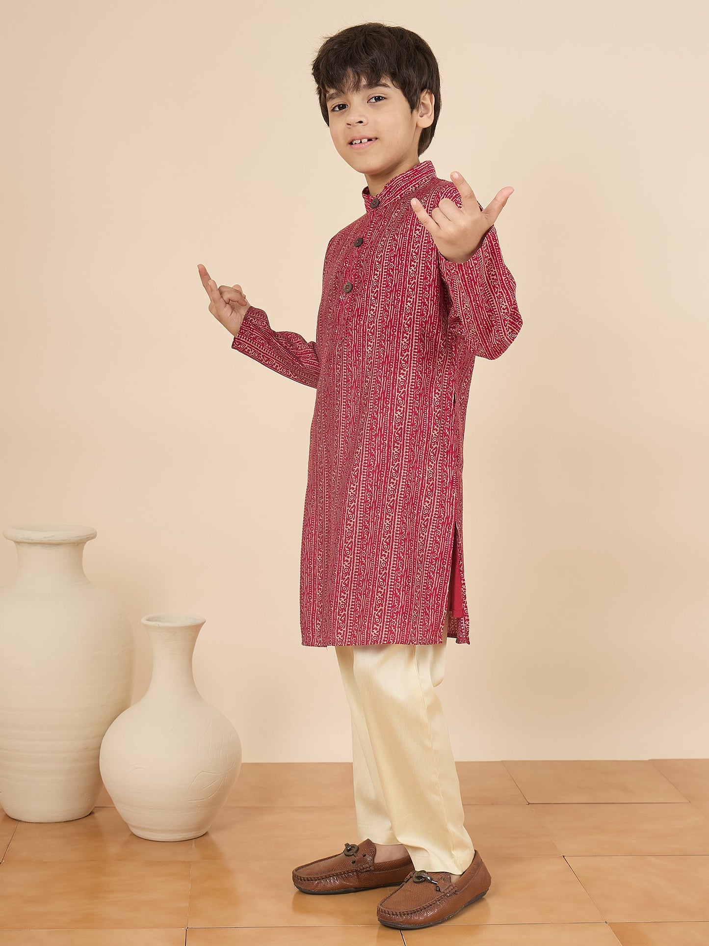 Boys Full Length All over Print Kurta Set - Maroon