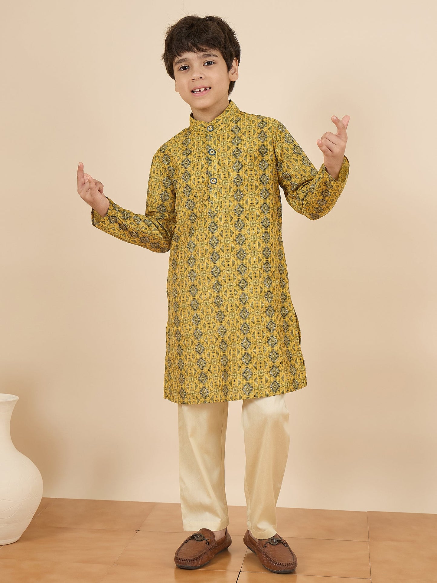 Boys Full Length All over Print Kurta Set - Yellow