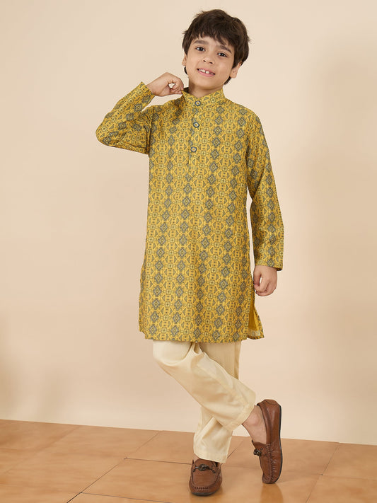 Boys Full Length All over Print Kurta Set - Yellow