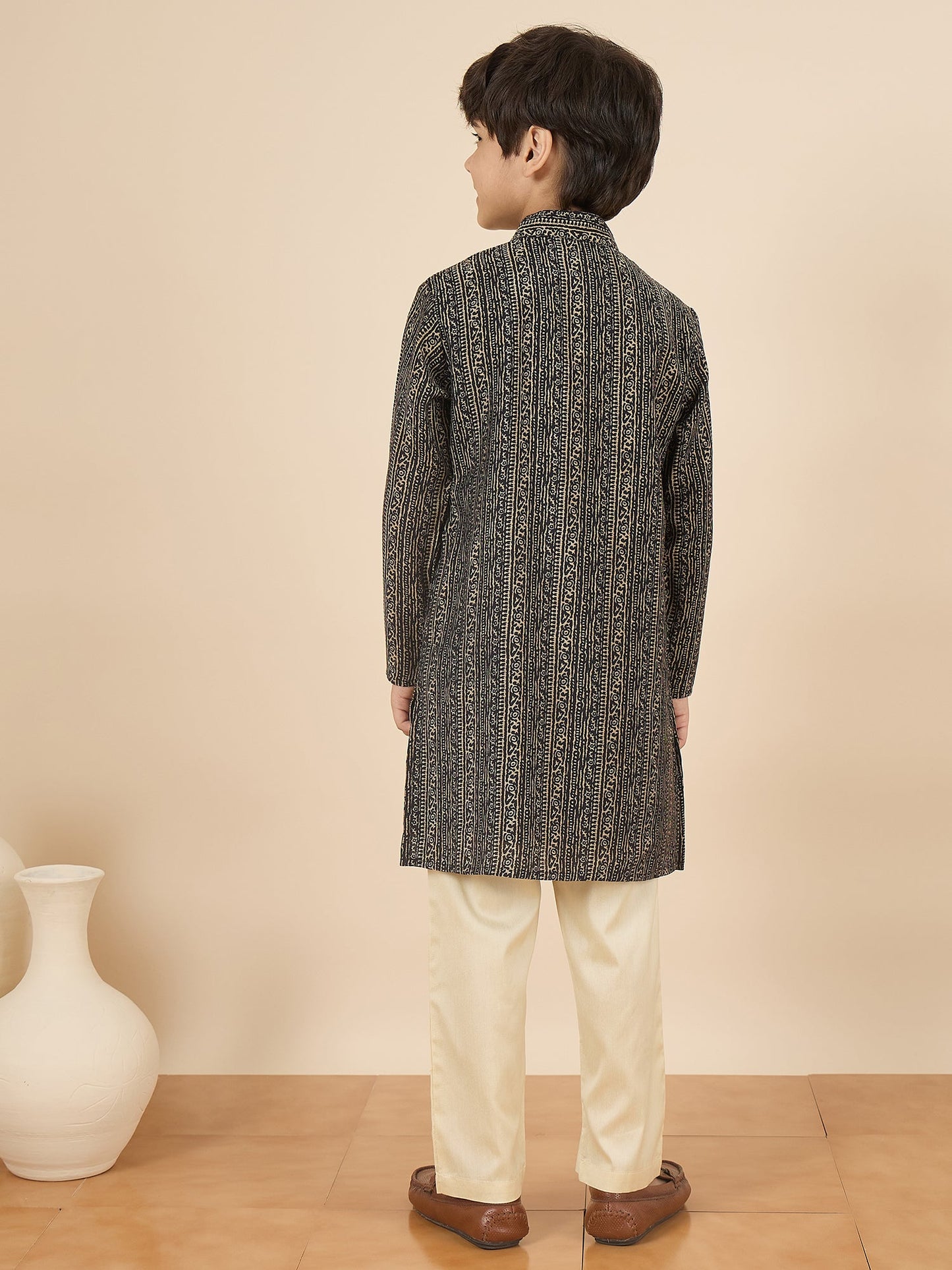 Boys Full Length All over Print Kurta Set - Black