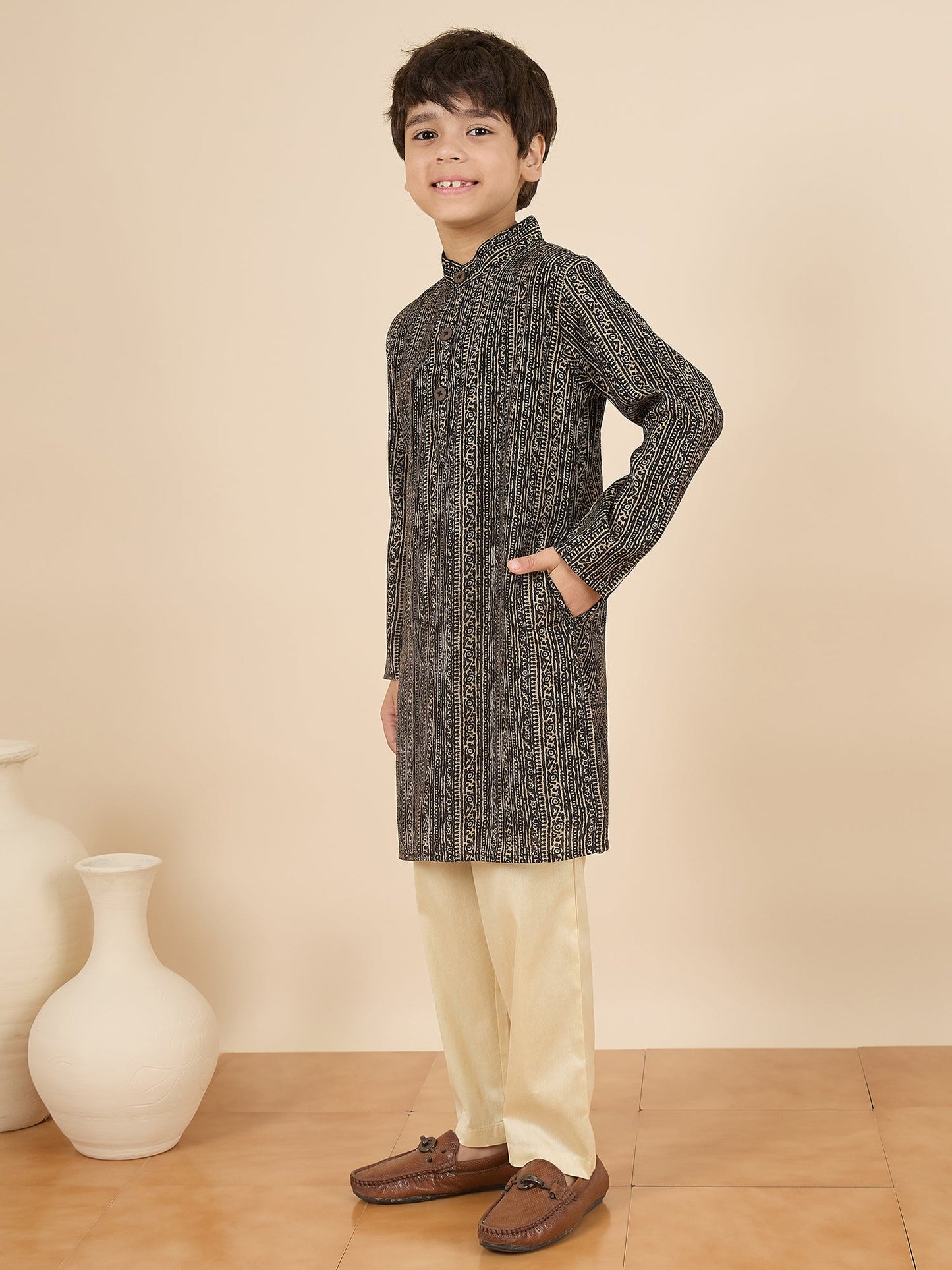 Boys Full Length All over Print Kurta Set - Black