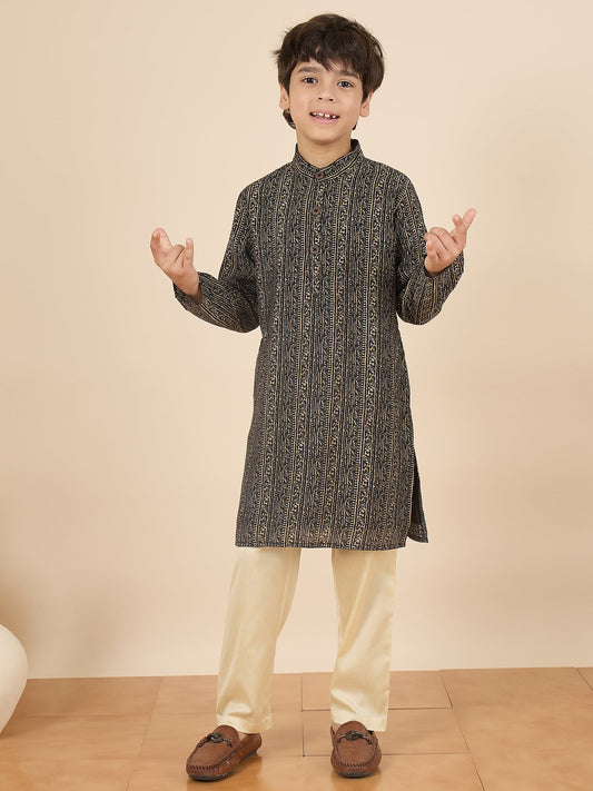 Boys Full Length All over Print Kurta Set - Black