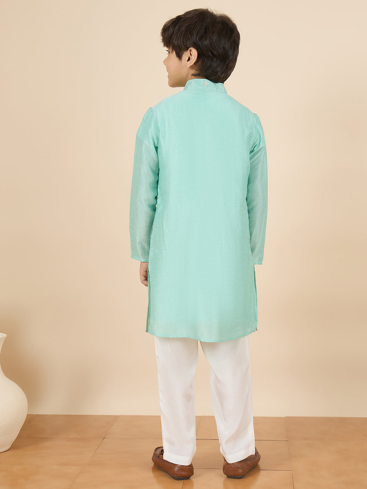Boys Above Knee Embroidery Kurta Set - Green