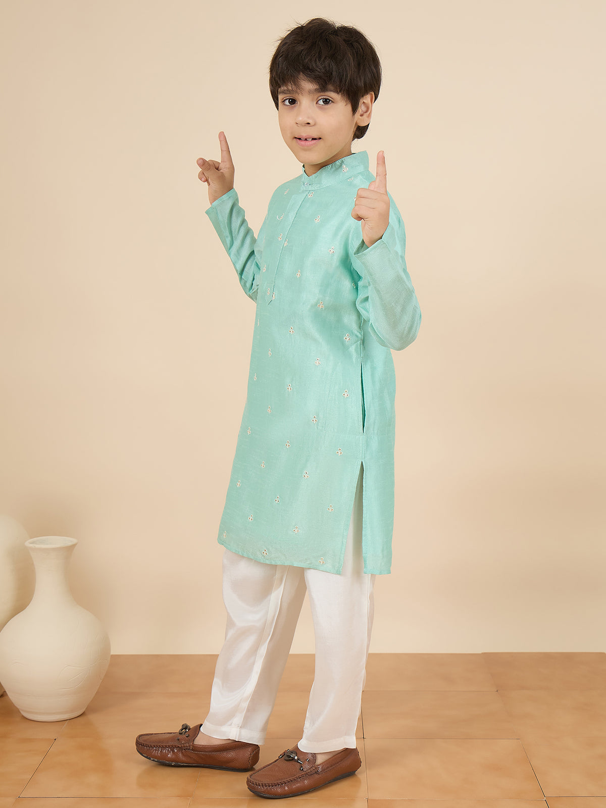 Boys Above Knee Embroidery Kurta Set - Green
