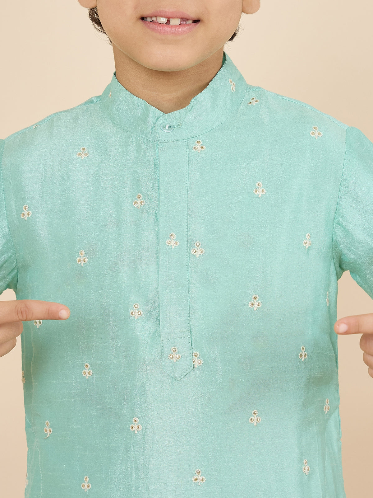 Boys Above Knee Embroidery Kurta Set - Green