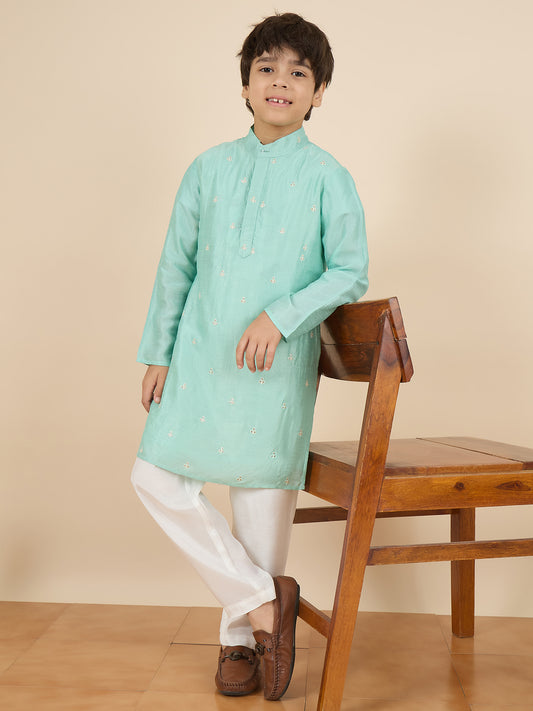 Boys Above Knee Embroidery Kurta Set - Green