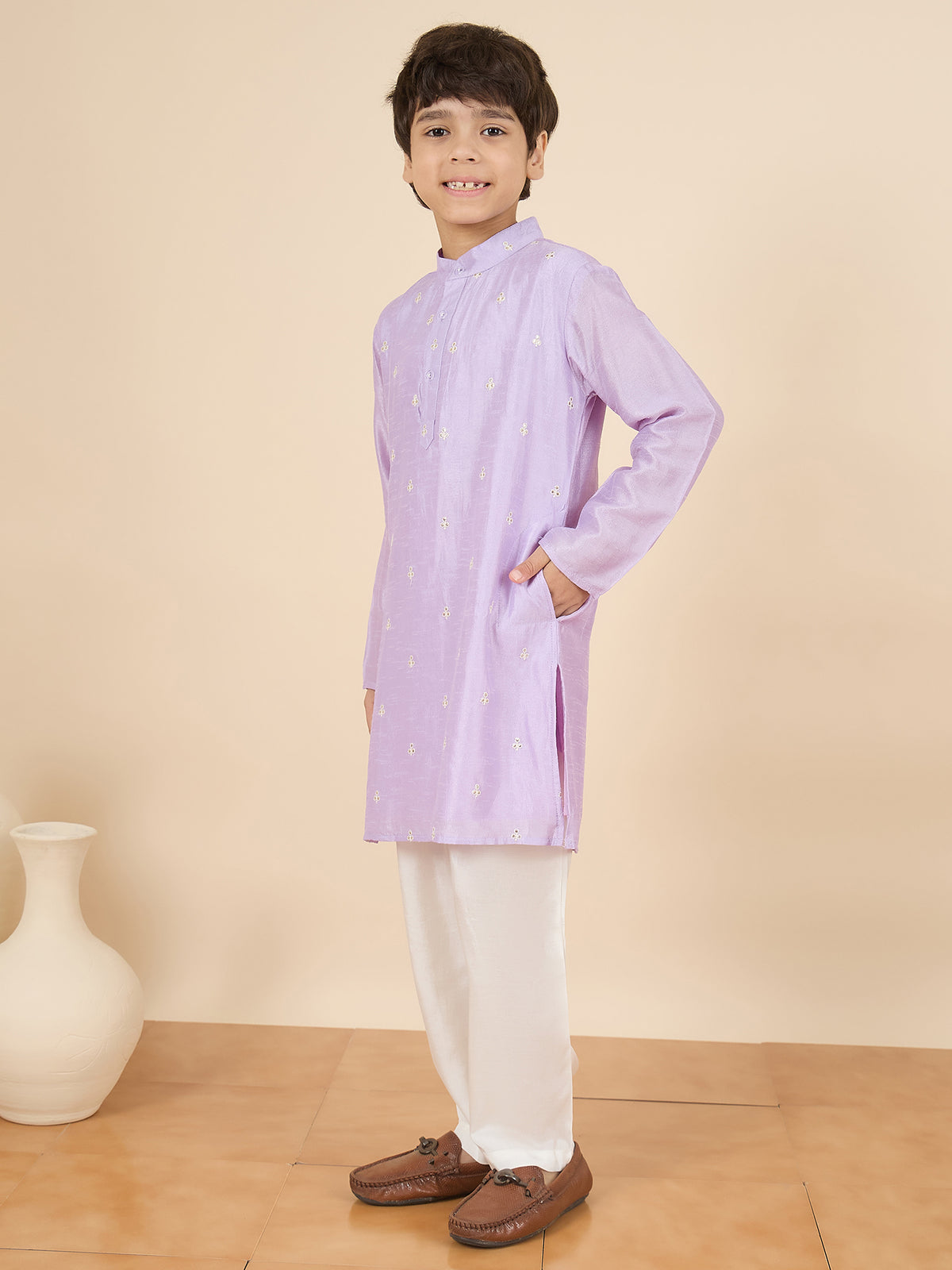 Boys Full Length Embroidery Kurta Set - Lavender