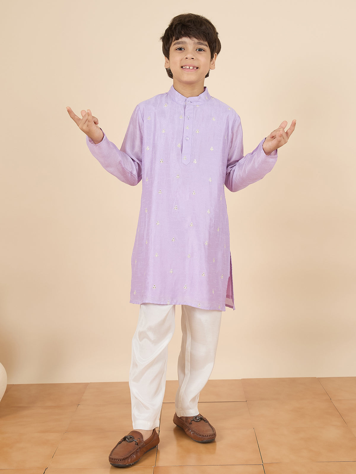 Boys Full Length Embroidery Kurta Set - Lavender