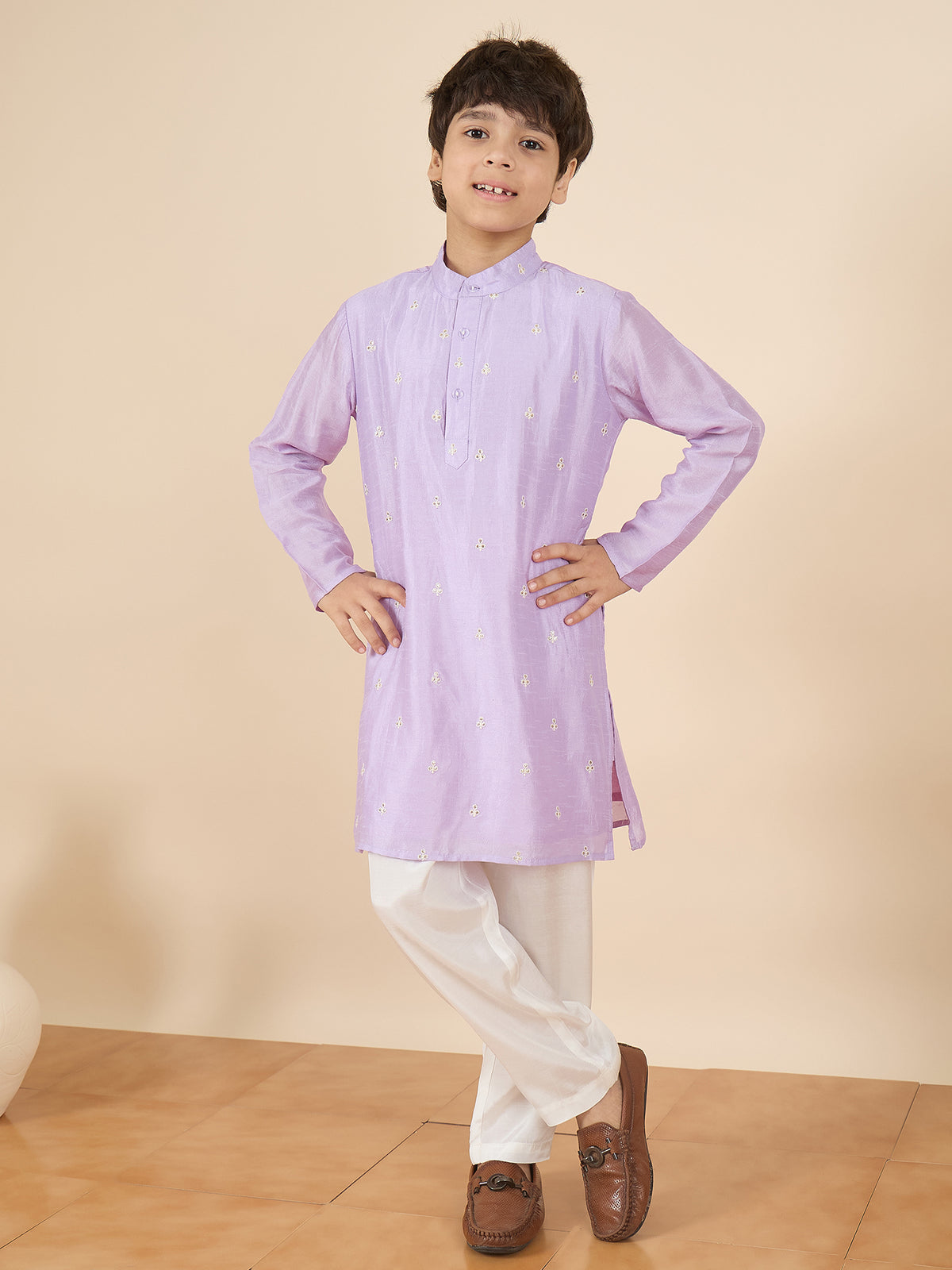 Boys Full Length Embroidery Kurta Set - Lavender