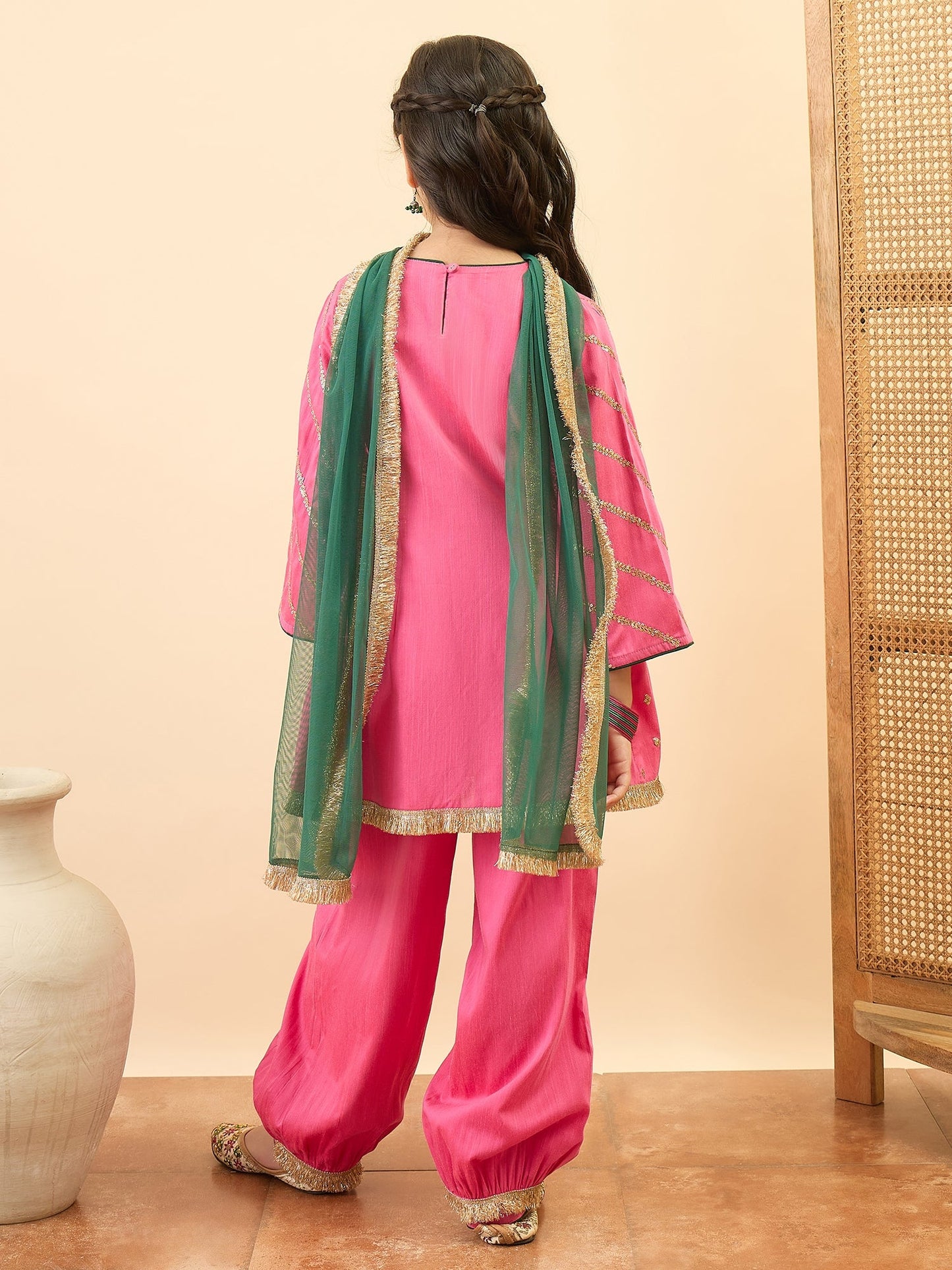 Girls Mid Thigh Embroidery Kurti Set - Magenta