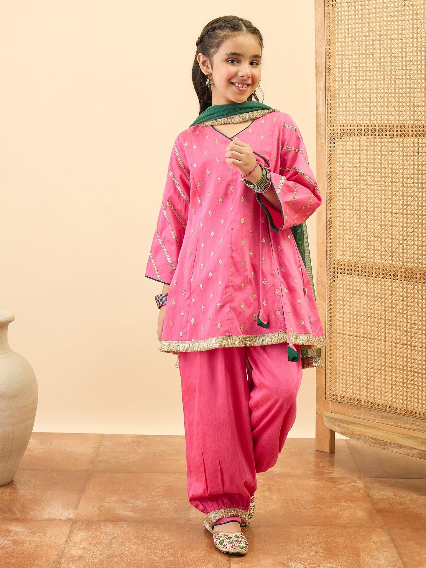 Girls Mid Thigh Embroidery Kurti Set - Magenta