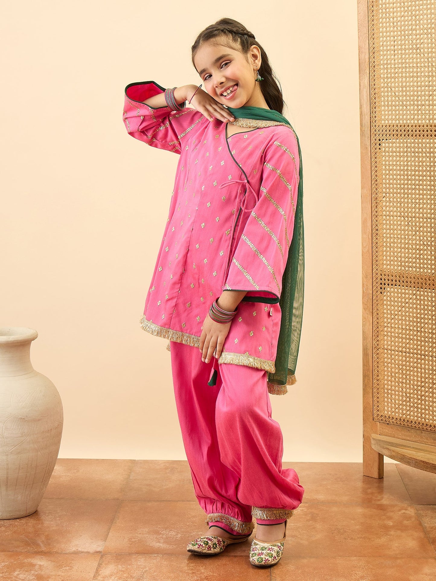 Girls Mid Thigh Embroidery Kurti Set - Magenta