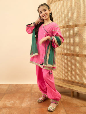 Girls Mid Thigh Embroidery Kurti Set - Magenta