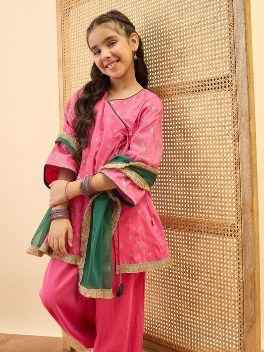 Girls Mid Thigh Embroidery Kurti Set - Magenta
