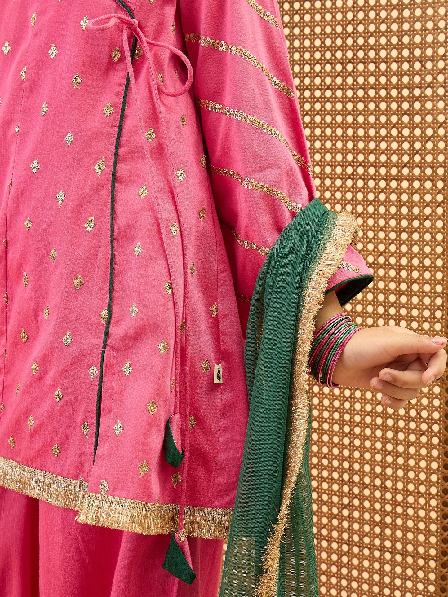Girls Mid Thigh Embroidery Kurti Set - Magenta